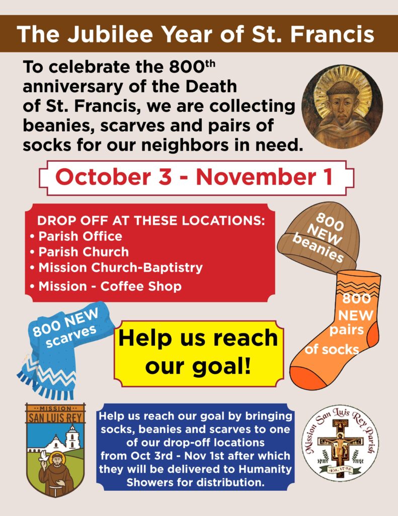 Mission San Luis Rey Sock, Beanie and Scarf Drive flyer