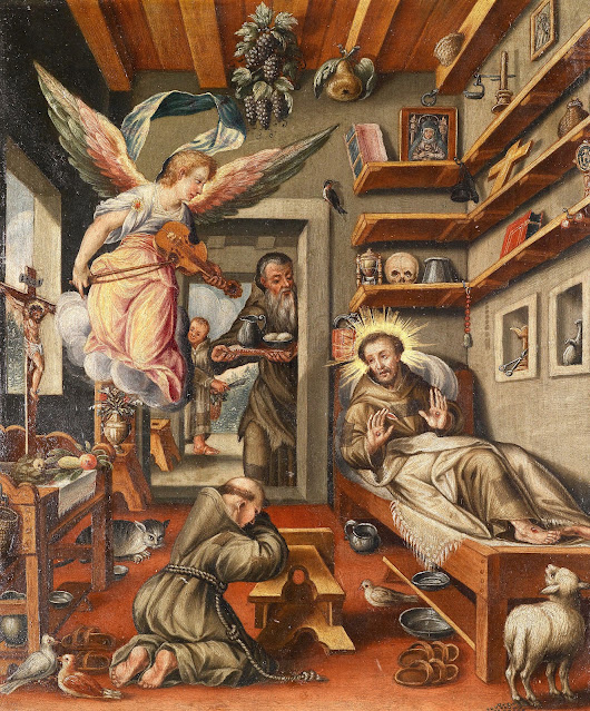 St Francis blessing Assisi as he lay dying surrounded by his brothers